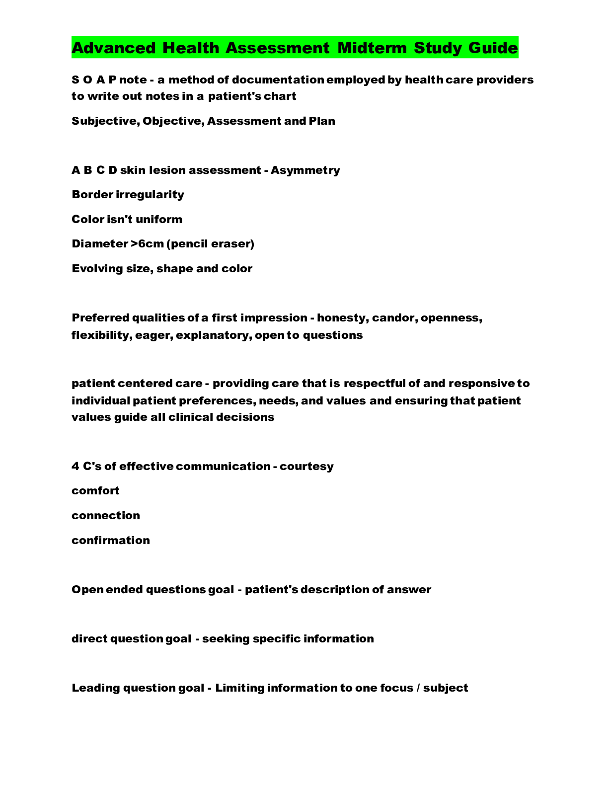 Preview image for Advanced Health Assessment Midterm Study Guide- Chamberlain 2021/2022